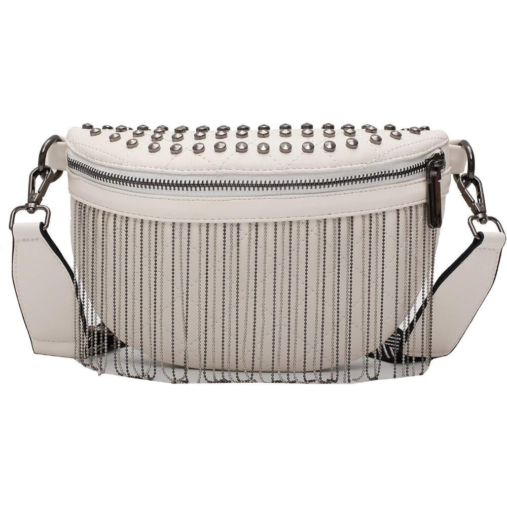 💫 Get.etl Faux leather Fringe Women White Quilted BletRivet Studded Waist Pack